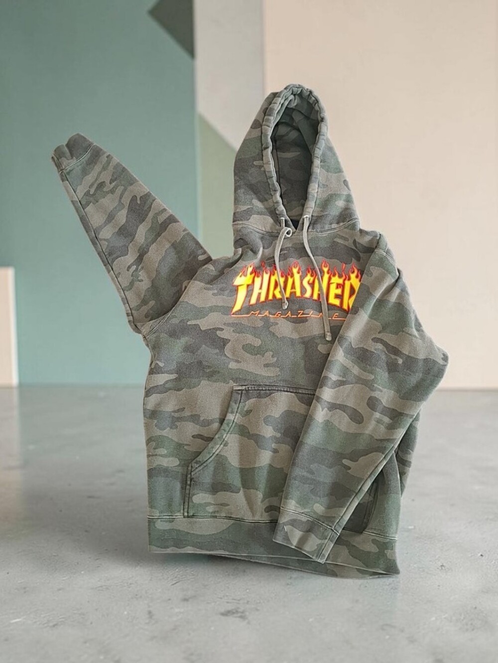 Thrasher Camo Hoodie with Flame Logo - Green
